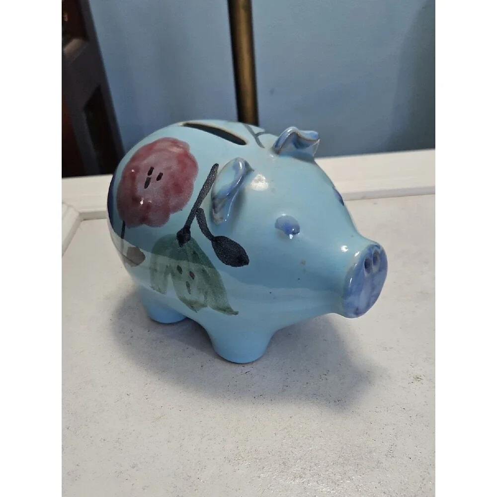 Ceramic Blue Floral Piggy Bank Made In Italy